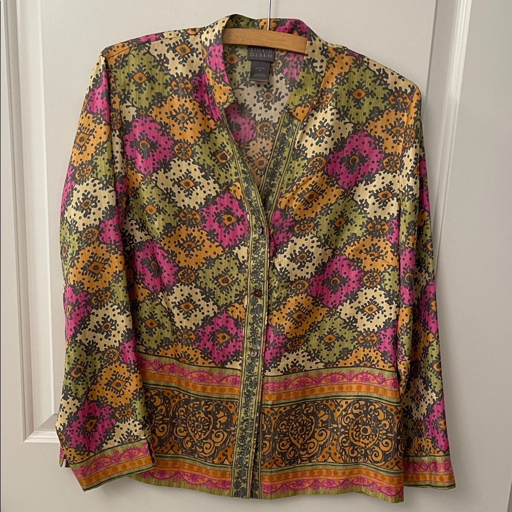 Sigrid Olsen Pink and Orange Floral Silk  Blouse
